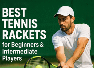 Best tennis rackets for beginners and intermediate players Best tennis rackets for beginners and intermediate players cover image with male player hitting a forehand on a tennis court