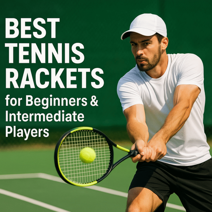 Best tennis rackets for beginners and intermediate players cover image with male player hitting a forehand on a tennis court