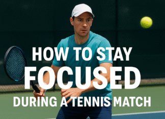 How to stay focused during a tennis match? Focused tennis player preparing to hit a ball on an outdoor court.