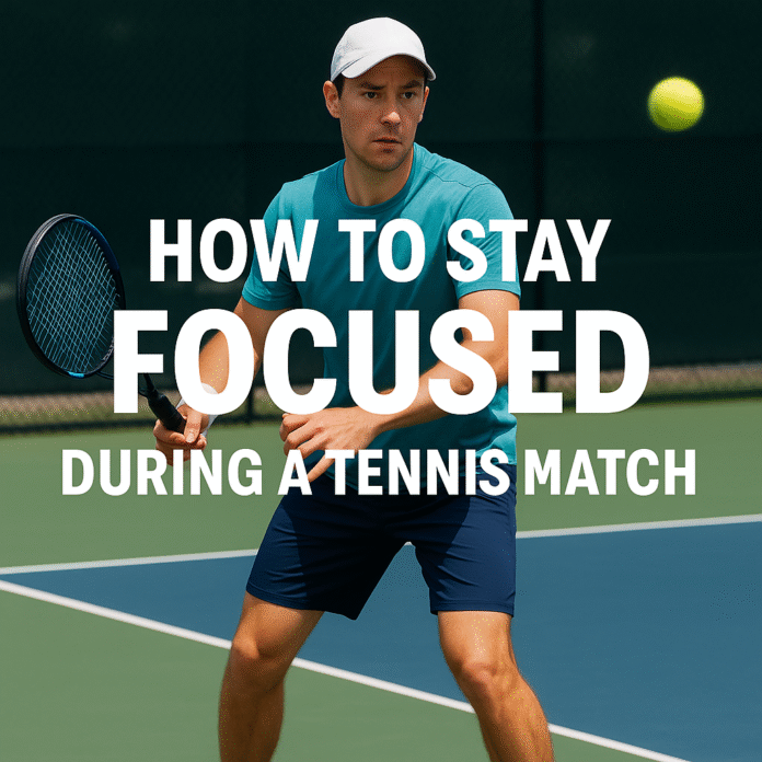 Focused tennis player preparing to hit a ball on an outdoor court.