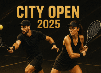 How to train for a tennis tournament? City Open 2025 tennis tournament cover with two players in action on a black and gold background