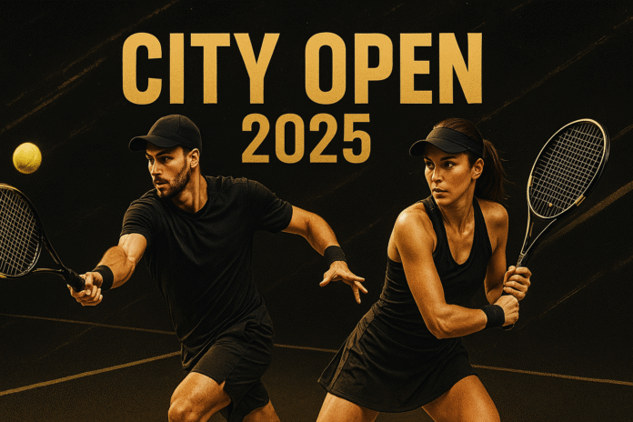 City Open 2025 tennis tournament cover with two players in action on a black and gold background