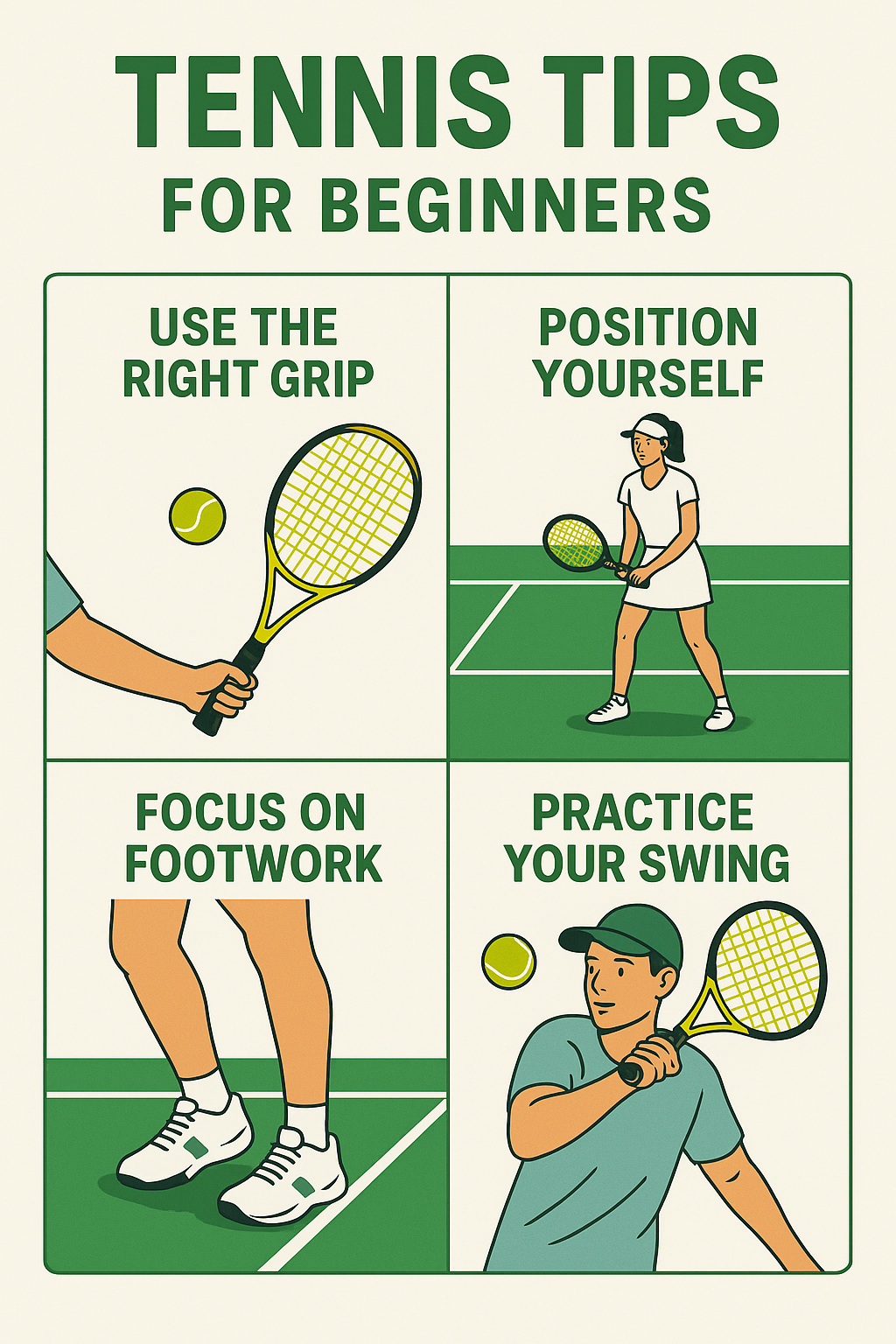 Tennis Tips for Beginners Tennis Tips for Beginners Infographic with Grip, Positioning, Footwork, and Swing Techniques