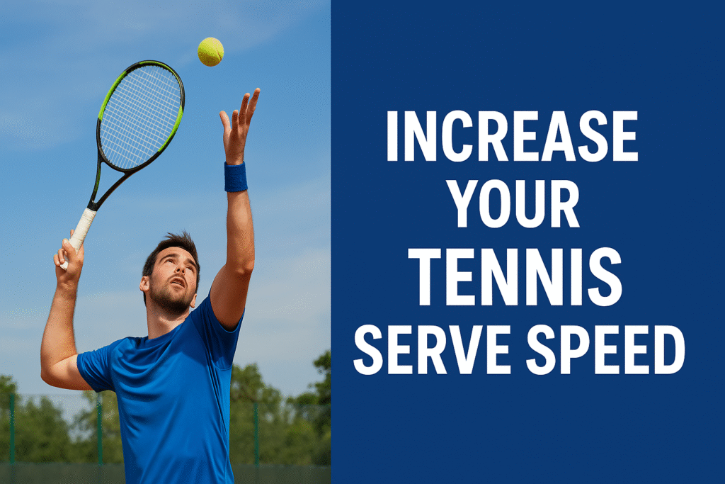 Tennis player serving the ball on an outdoor court to increase serve speed