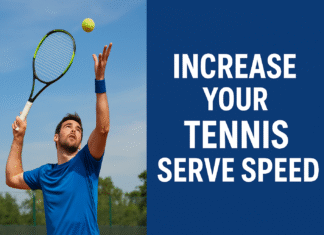 Tips for increasing your tennis serve speed Tennis player serving the ball on an outdoor court to increase serve speed
