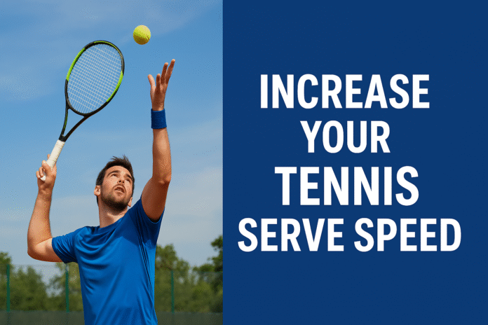 Tennis player serving the ball on an outdoor court to increase serve speed