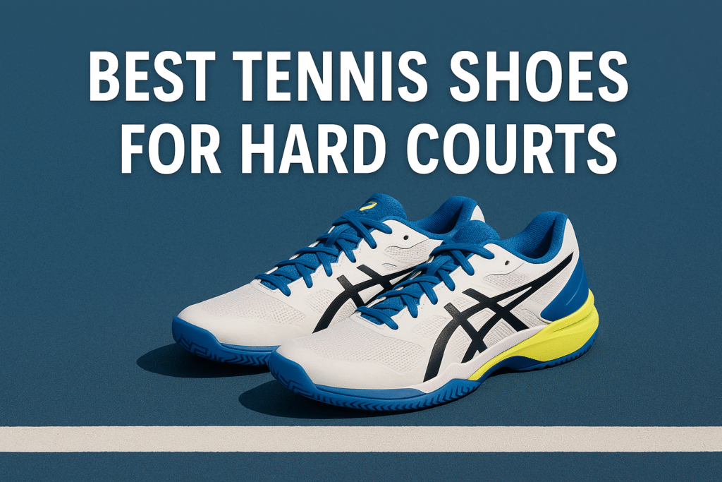 Best tennis shoes for hard courts featuring durable outsole and cushioning on a blue tennis court