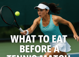What to eat before a tennis match for energy? What to eat before a tennis match for energy – female tennis player hitting a ball on court
