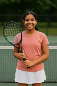 Beginner tennis player holding a racquet on the court for the first time