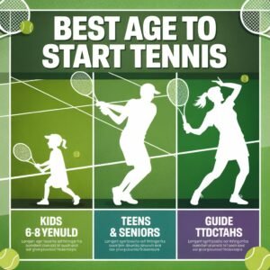 Infographic showing the best age to start tennis for kids, teens, and seniors with player silhouettes on a green court background.