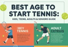 Best Age to Start Tennis (Kids, Teens, Adults, Seniors Guide) Infographic showing the best age to start tennis for kids, teens, adults, and seniors with illustrated players.