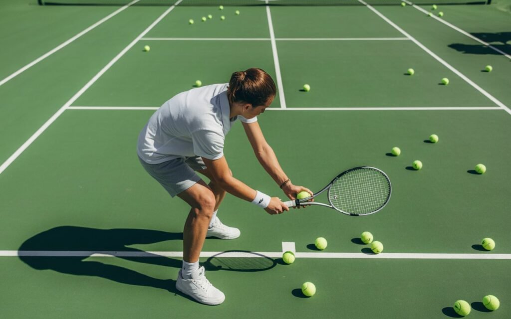 practice tennis beginner picking up balls during training session