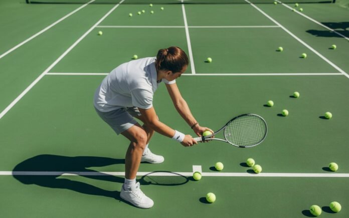 practice tennis beginner picking up balls during training session