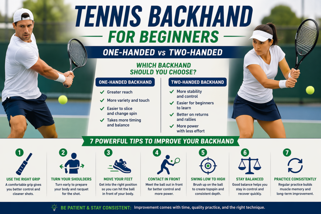 Tennis backhand beginners guide showing one-handed vs two-handed backhand tips