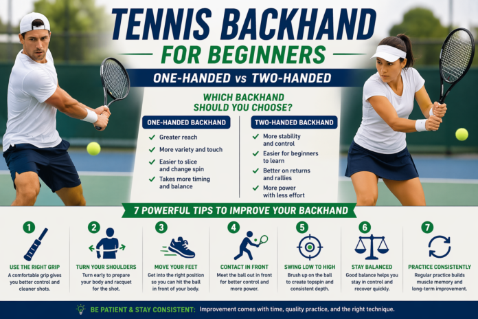 Tennis backhand beginners guide showing one-handed vs two-handed backhand tips