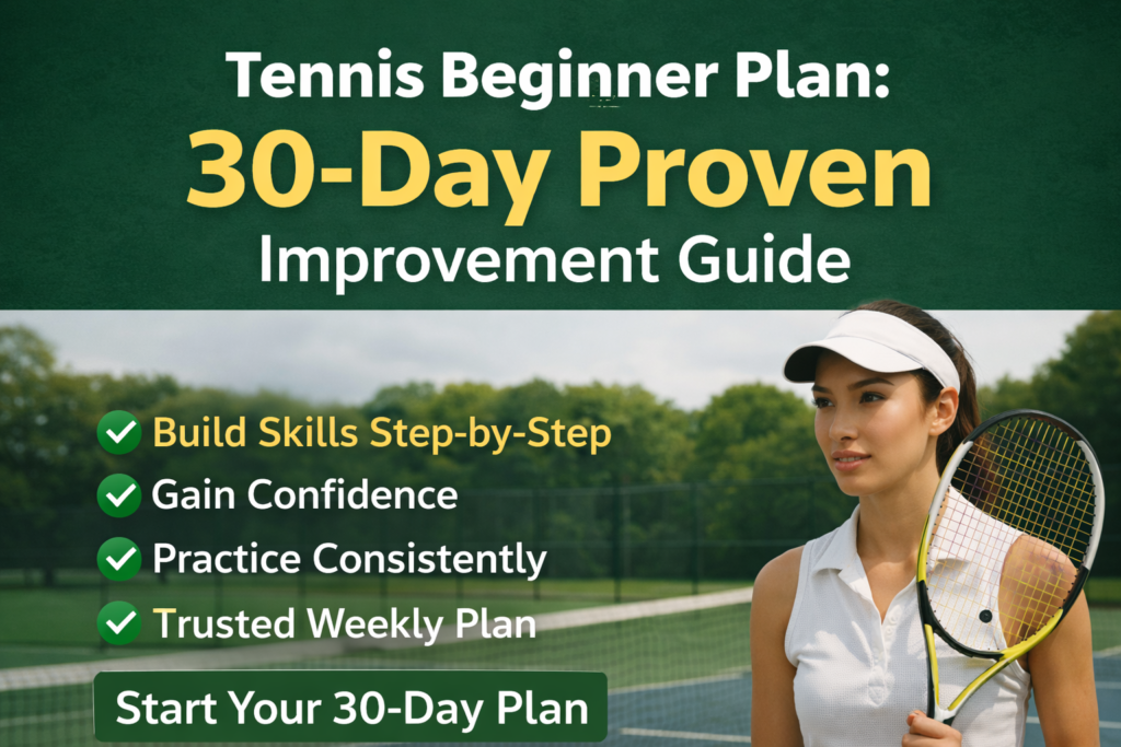 Tennis beginner plan graphic with player on court