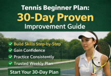 Tennis Beginner Plan: 30-Day Proven Improvement Guide Tennis beginner plan graphic with player on court