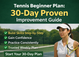 Tennis Beginner Plan: 30-Day Proven Improvement Guide Tennis beginner plan graphic with player on court