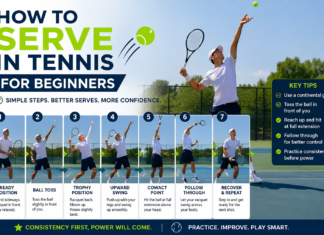 How to Serve in Tennis for Beginners (Simple Method That Works) How to serve in tennis for beginners step-by-step infographic