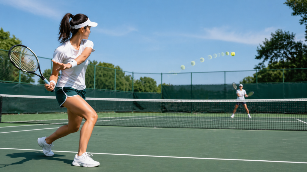 Tennis rally beginners practicing a controlled rally on an outdoor court