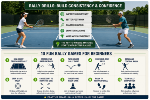 Tennis rally drills for beginners during rally practice on an outdoor court