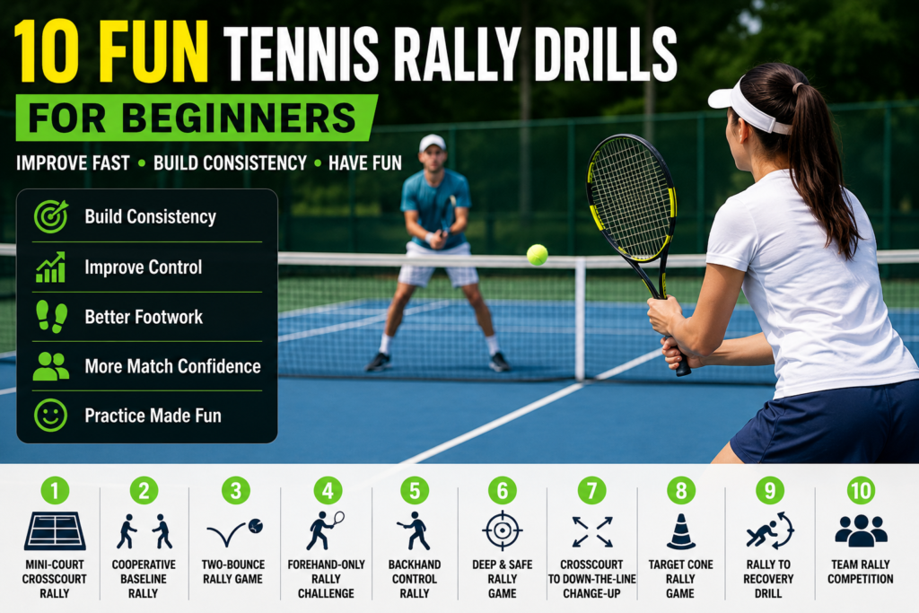 Beginner tennis rally drills practice game on outdoor court
