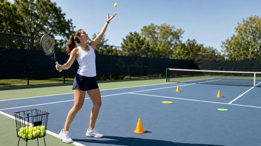 Tennis serve drills for beginners practicing serve toss and target accuracy on court