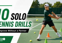 10 Solo Tennis Drills to Improve Without a Partner Beginner tennis player practicing solo tennis drills with cones on an outdoor court