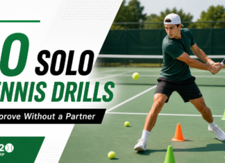 10 Solo Tennis Drills to Improve Without a Partner Beginner tennis player practicing solo tennis drills with cones on an outdoor court