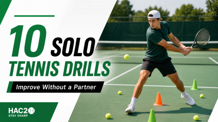 Beginner tennis player practicing solo tennis drills with cones on an outdoor court