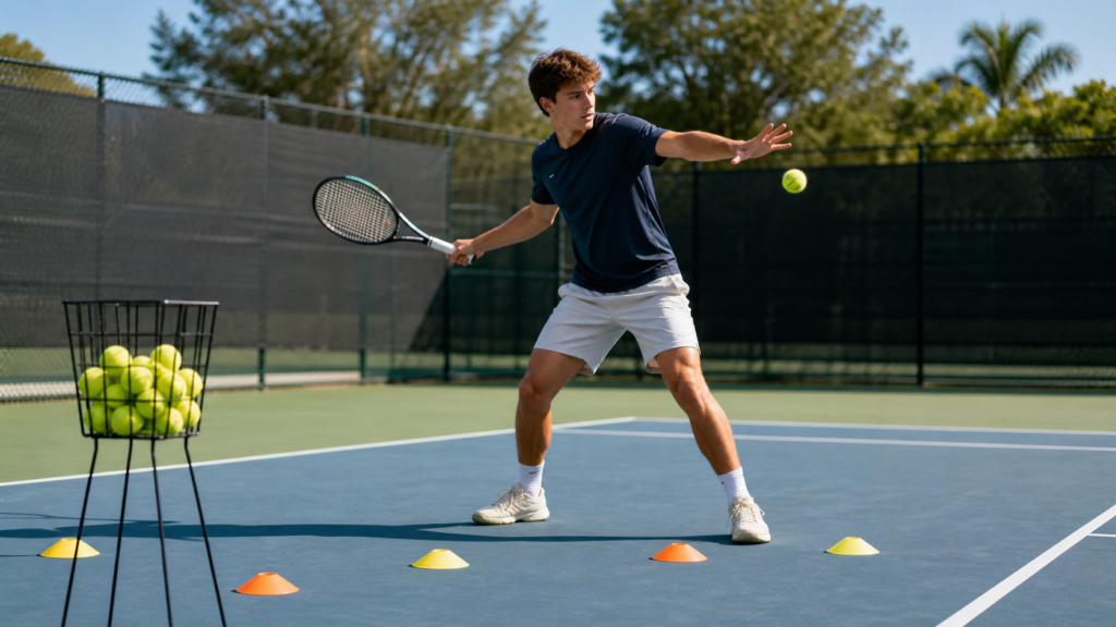 solo tennis practice drills on a tennis court