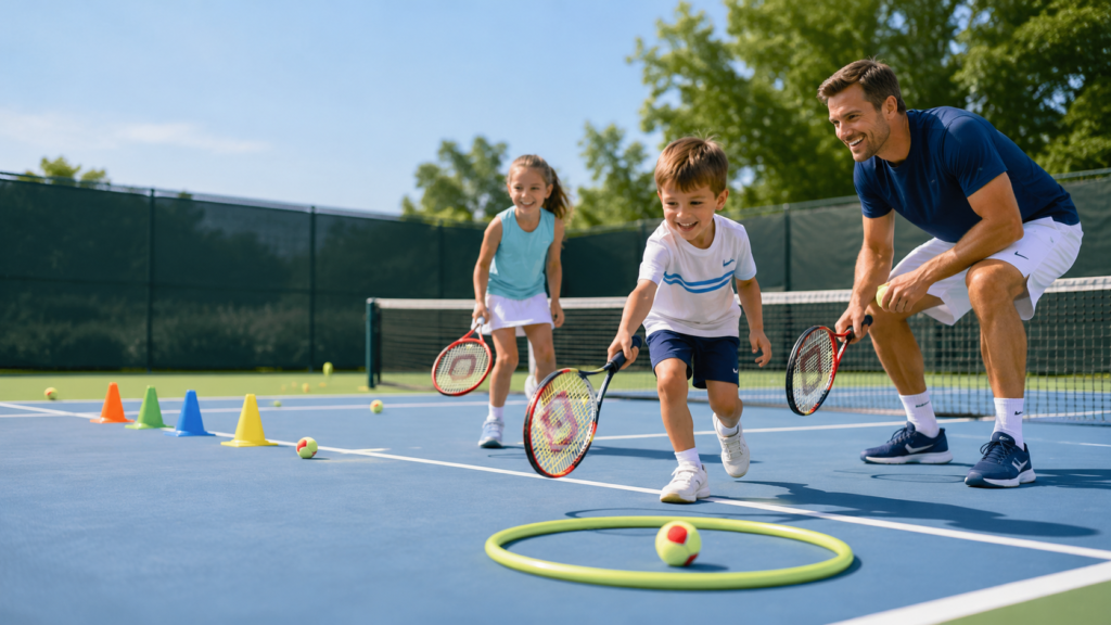 Tennis drills for kids and families practicing fun beginner games on an outdoor tennis court
