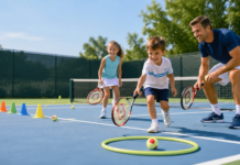 Fun Tennis Drills for Kids & Families to Play Together Tennis drills for kids and families practicing fun beginner games on an outdoor tennis court