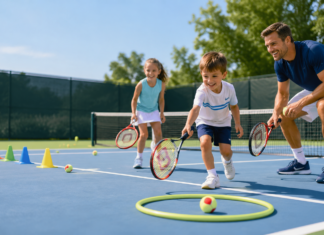 Fun Tennis Drills for Kids & Families to Play Together Tennis drills for kids and families practicing fun beginner games on an outdoor tennis court