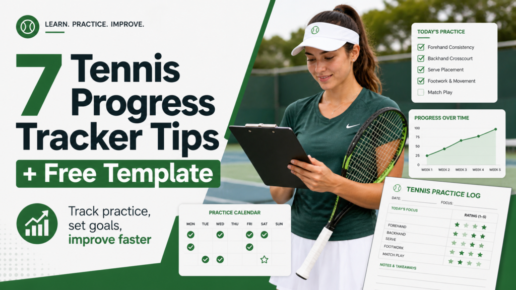 Tennis progress tracker template with beginner player, practice checklist, calendar, and improvement chart