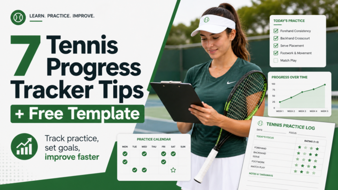Tennis progress tracker template with beginner player, practice checklist, calendar, and improvement chart